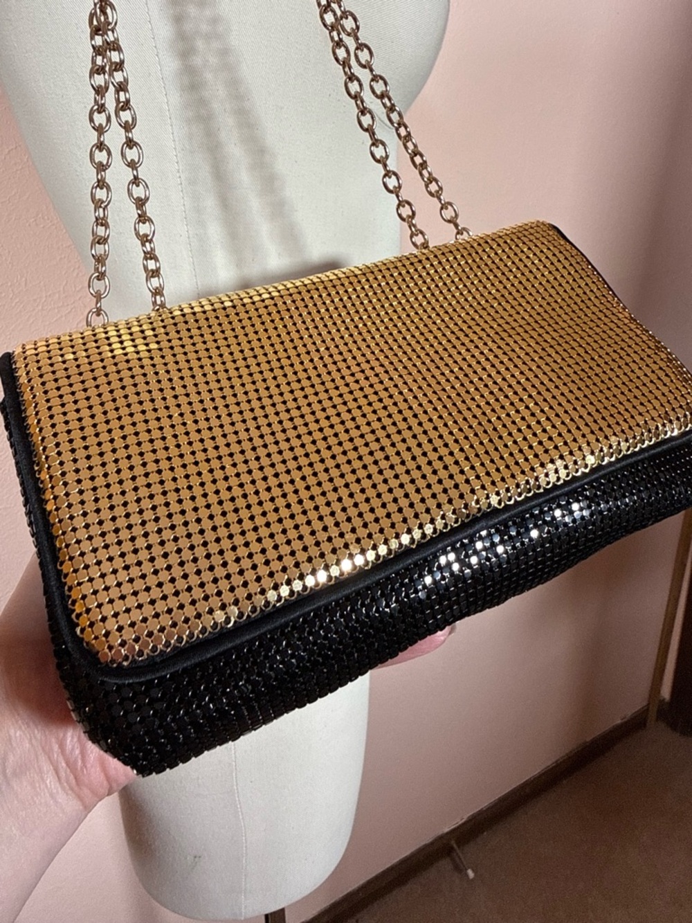 NEW BCBGMaxAzria Gold Black Mesh Metal evening Bag Gold Chain Long strap